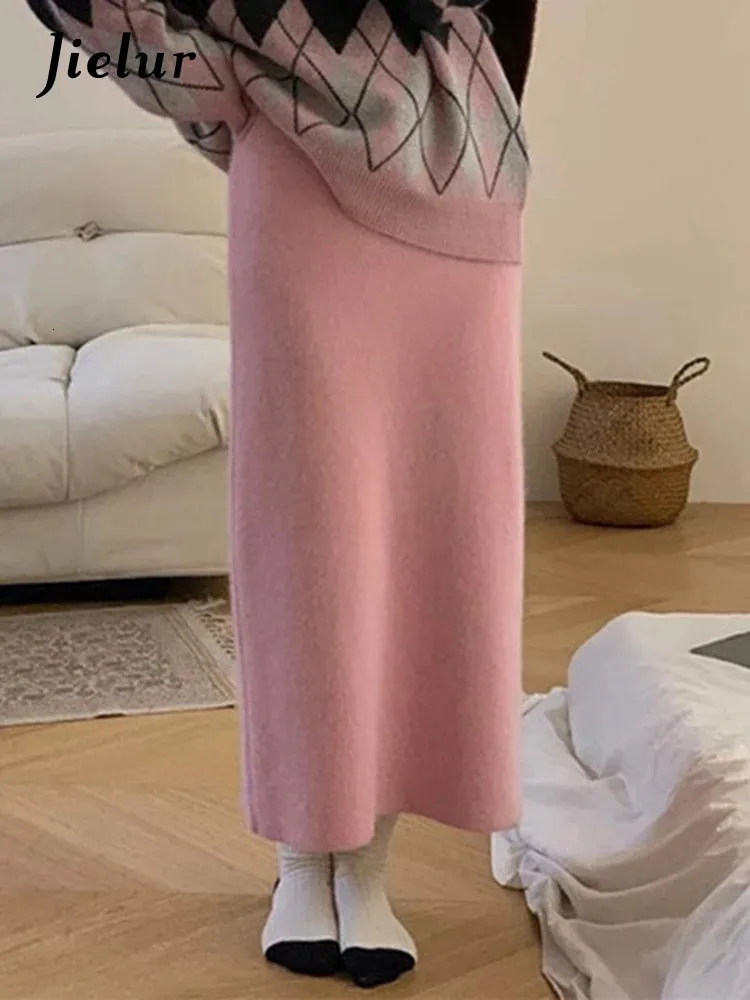 Jielur proste słodkie dzianie w stylu koreański żeńskie spódnice wysokie talia swobodny stały kolor ciasny biodro proste mody spódnice 240306