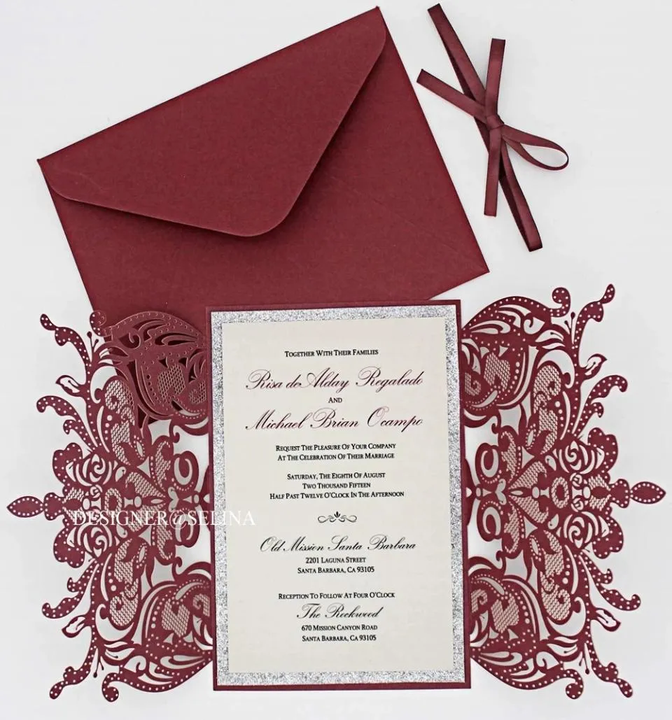 Burgundy Lace Wedding Invitation Inner Sheet with Silver Glitter Bottom And Ribbon Envelope8097660