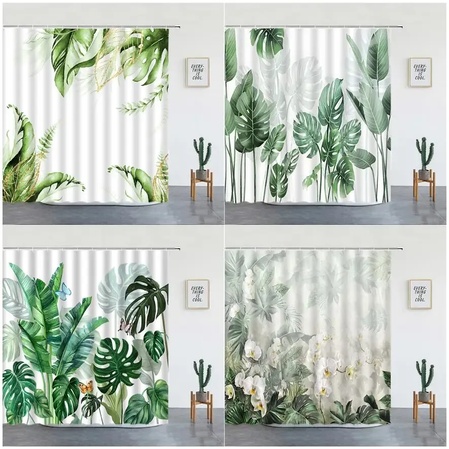 Gordijnen Tropische Planten Bladeren Douchegordijn Aquarel Monstera Weegbree Palmblad Orchidee Print Stof Badkamer Decor Gordijnen Haken