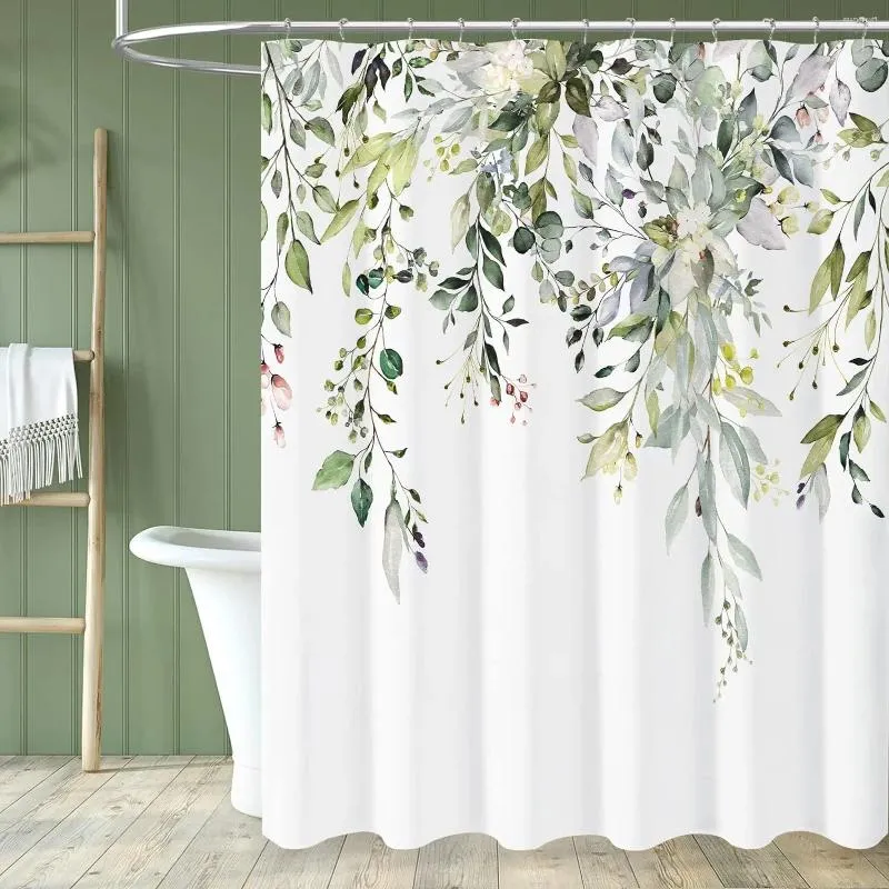 Duschvorhänge, grüner Eukalyptus-Vorhang, Aquarell-Pflanze, Blumenblätter, Stoff, Frühling, Badezimmer-Dekor-Set