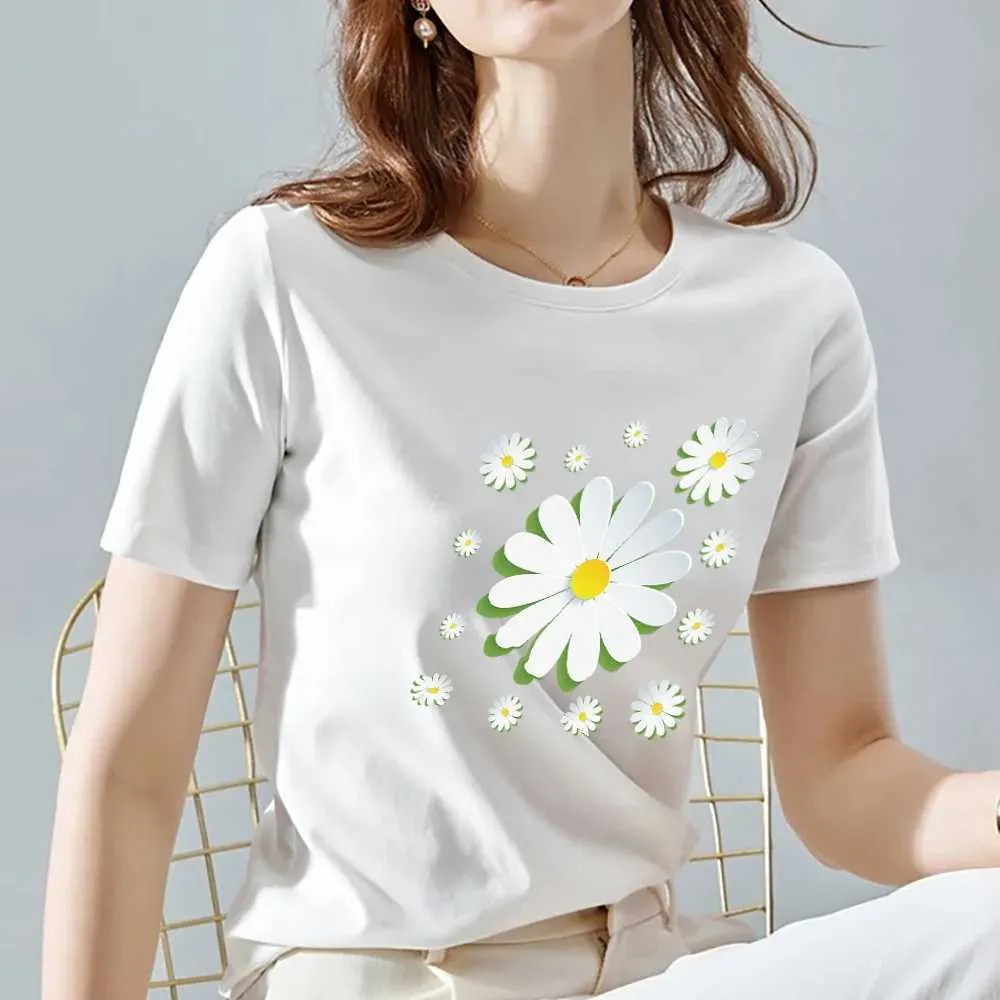 Kvinnors t-shirt street mode kvinnor t-shirt vit klassisk daisy 3d mönster tryck t-shirt topp o-halsen damer ungdom comter all-match topp d240507