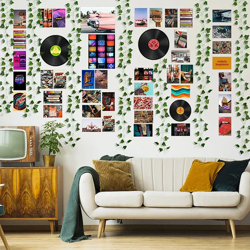 ステッカー48pcsヴィンテージレコードポスターレトロ審美的な壁コラージュアートキットCDプリント偽のつる壁画リビングルーム寮の装飾