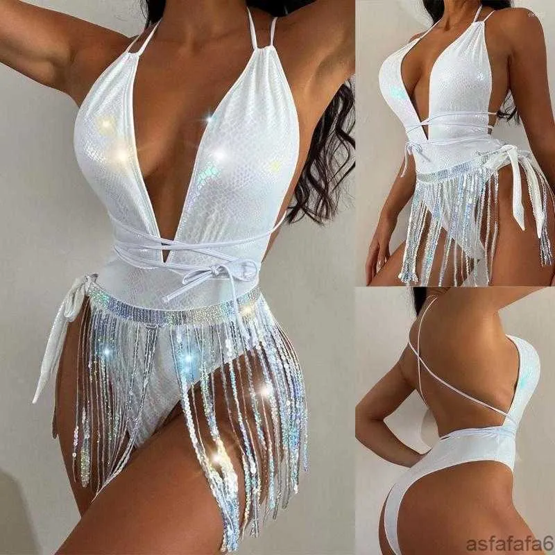 Mulheres roupa de banho maiô biquíni feminino sexy prateado profundo v aberto volta magro praia festa borla conjunto de uma peça o8r9