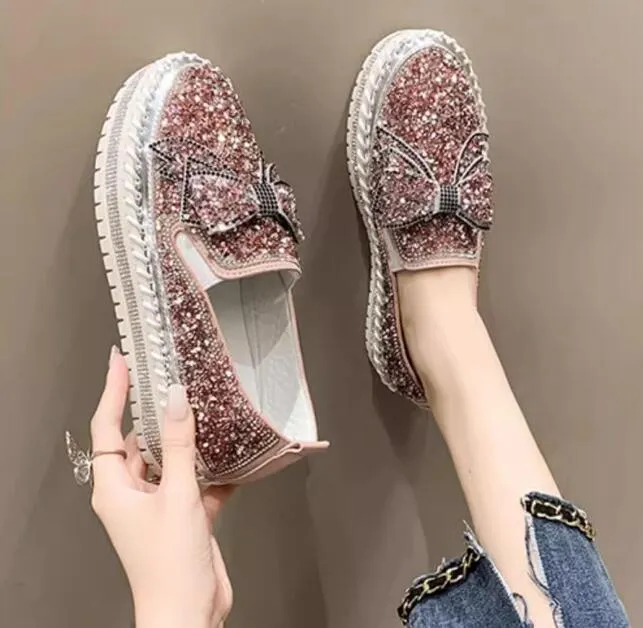 Women Bowtie Rhinestone ballet Flats shoes Loafers Street dance wedding Party Shoes Sneaker Luxury Breathable Casual Non-slip Travel Driving Shoes