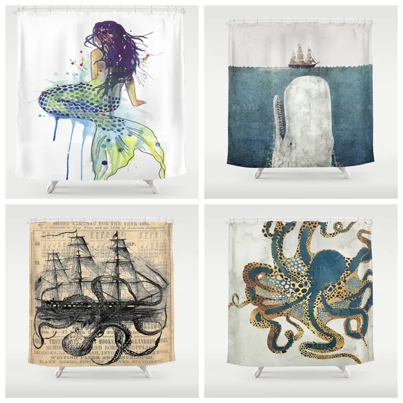 Cortinas Organismo Marinho Temático Cortina de Chuveiro A Baleia Branca Sereia Polvo Kraken Navio Atacando Antigo Almanaque Papel Decoração de Banheiro