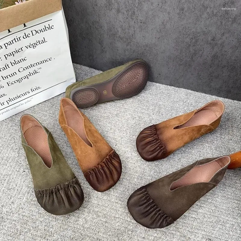 Casual Shoes Birkuir äkta läder blandade färger lägenheter glid på loafers mjuka sulor lyxiga veckade elegant platt häl för damer