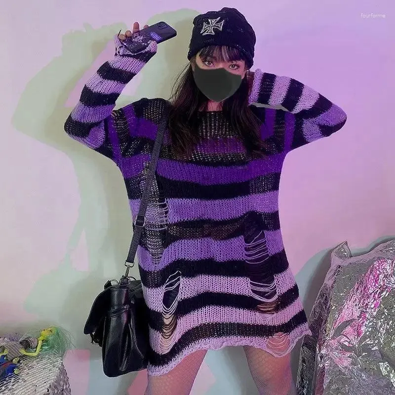 Женские свитера в фиолетовую полоску, готические женские рваные дырки, свободный вязаный пуловер, потертые джемперы в стиле феи в стиле гранж, уличная одежда в стиле эмо, Лолита