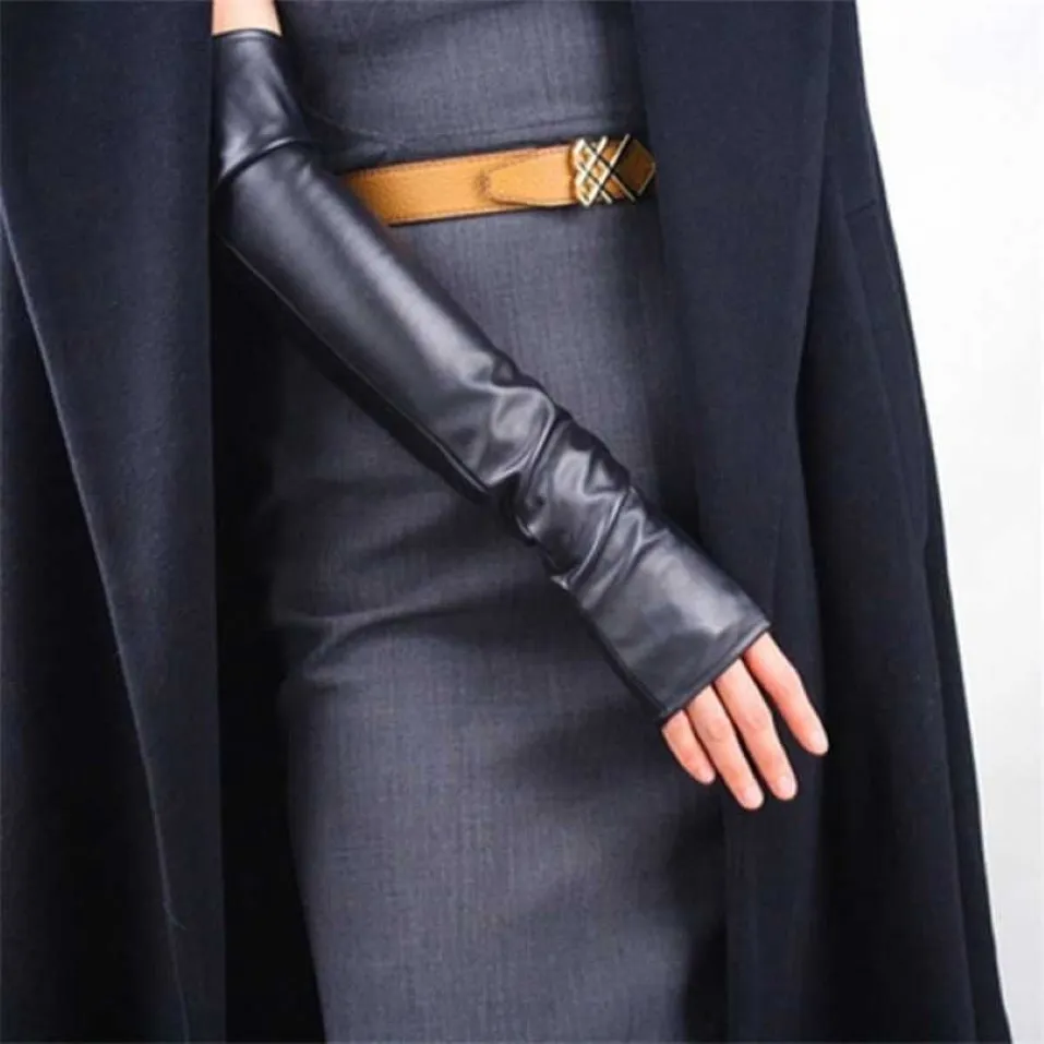 Guantes de conducción de cuero sintético largos y finos para mujer, guantes cálidos de invierno con medio dedo y manga para el brazo, manopla para espectáculo en club nocturno con pantalla táctil 3137