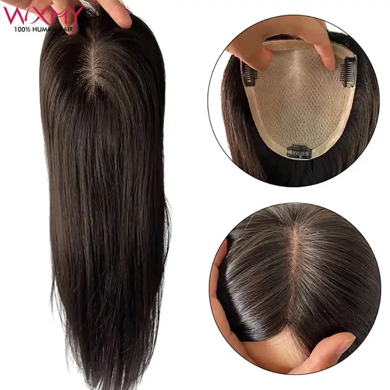 Proste włosy dla kobiet skóra jedwabna podstawa ludzka topper z 3 klipsami do włosów Remy Virgin Human Hair Fragment 6-20 cala 240312