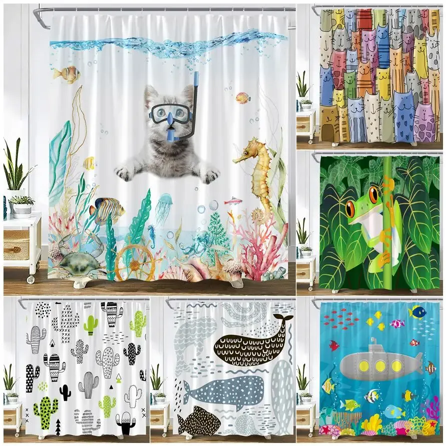 Curtains Funny Animals Shower Curtains Cartoon Diving Cat Dog Panda Ocean Fish Scenery Children Bathroom Decor Fabric Bath Curtain Sets