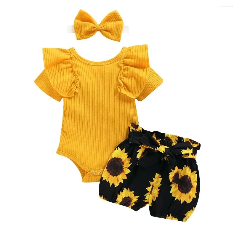 Kläduppsättningar Småbarn Babys kläder Jumpsuit Girl Floral Kids Short Sleeve Romper Sunflower Tutu Shorts 3PCS Outfits Children's