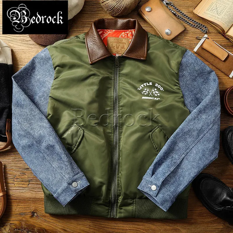 MBBCAR JACKE Men Green Lapel Short Pilot Jacket Militär Twill Nylon Imitation Jeans Artificial Leather Bomber Jacket 240309