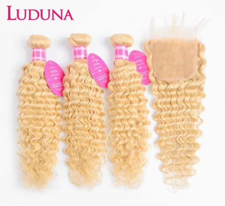 Human Hair Hulks Luduna 613 حزم شقراء مع إغلاق الموجة العميقة REMY 4x4 150 كثافة للمرأة السوداء 8804786