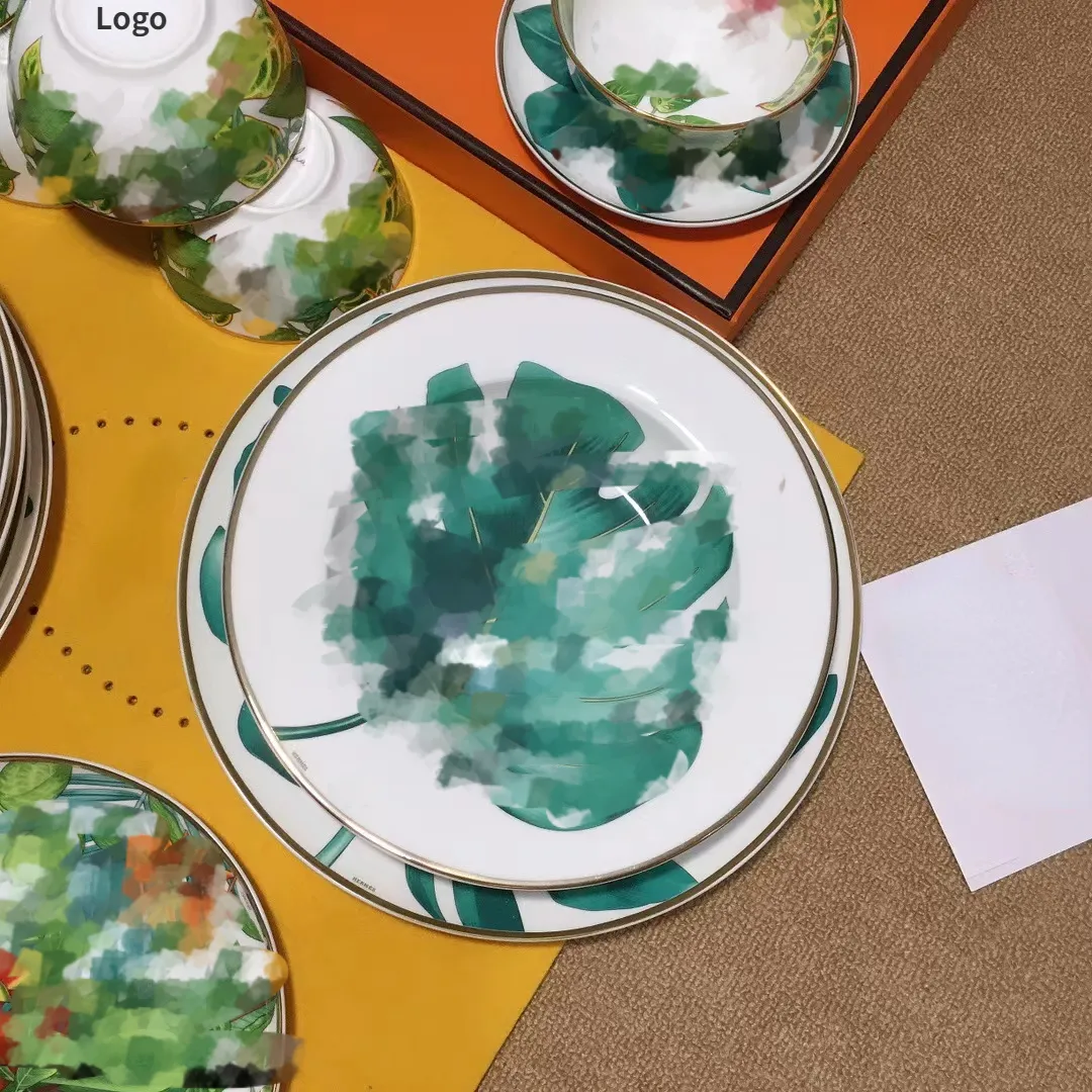 Designer Tableware Sets Forest Series 28-pieces Flowers and Leaves Pattern Bowls and Plates Sets with Box