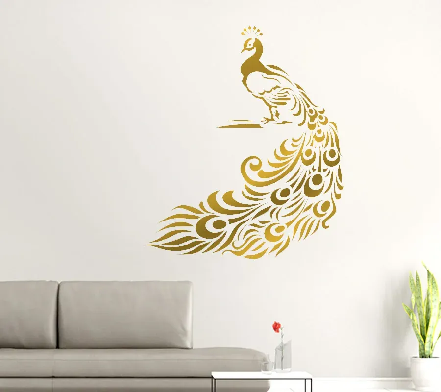 Naklejki Peacock Golden Wall Sticker Birds Nakładka sztuka salon winyl Mural Graphics Hall Tapety