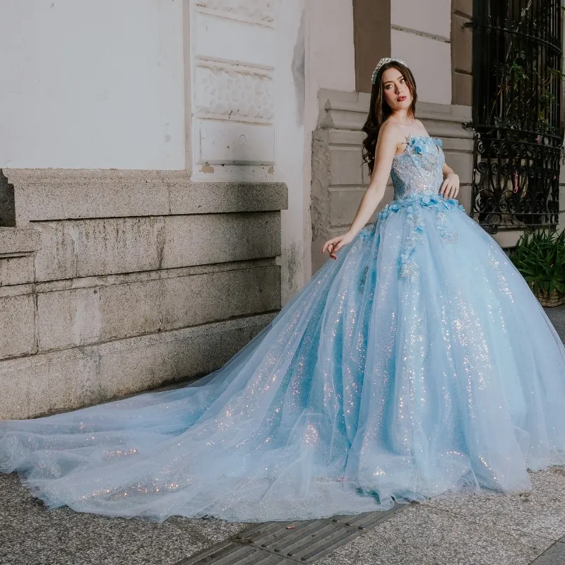 Sparkly Sky Blue Quinceanera Dress Ball Gown Appliques Beading Sequins Sweet 15 16 Dress