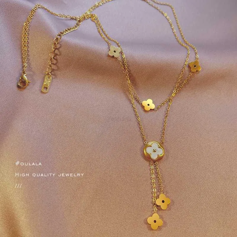 Colliers pendentifs de luxe double couche pour femmes, chaîne de 42cm, taille officielle, collier de pétales en or 18 carats, ne se décolore jamais