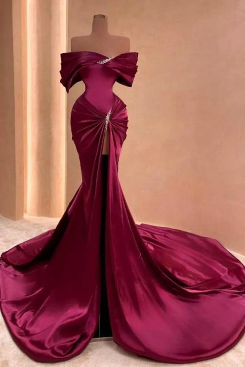 Grape Mermaid Prom Kleider Elegante Off Shoulder Perlen Meerjungfrau High Split Abendkleider Nach Maß Vestidos BC18373