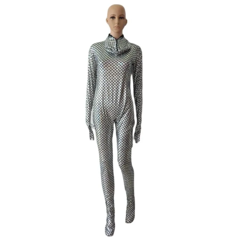 Cadılar Bayramı Cosplay Parlak Catsuit Kostüm Gümüş Renkli Balık Ölçeği Desenler Taytlar Tulum Tam Bodysuit Zentai Takım Fantezi