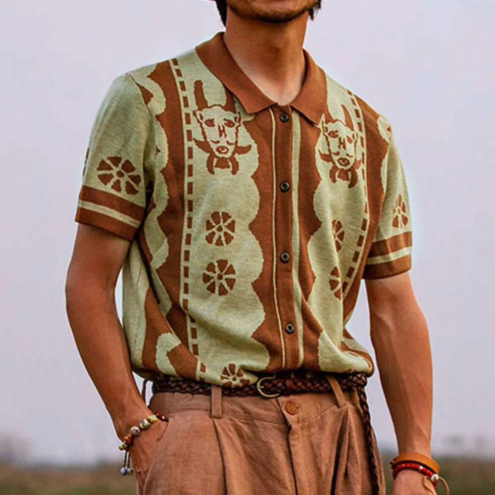 Camisa polo masculina de malha étnica impressa casual vintage streetwear botão para baixo camiseta para homem roupas respiráveis M-3XL