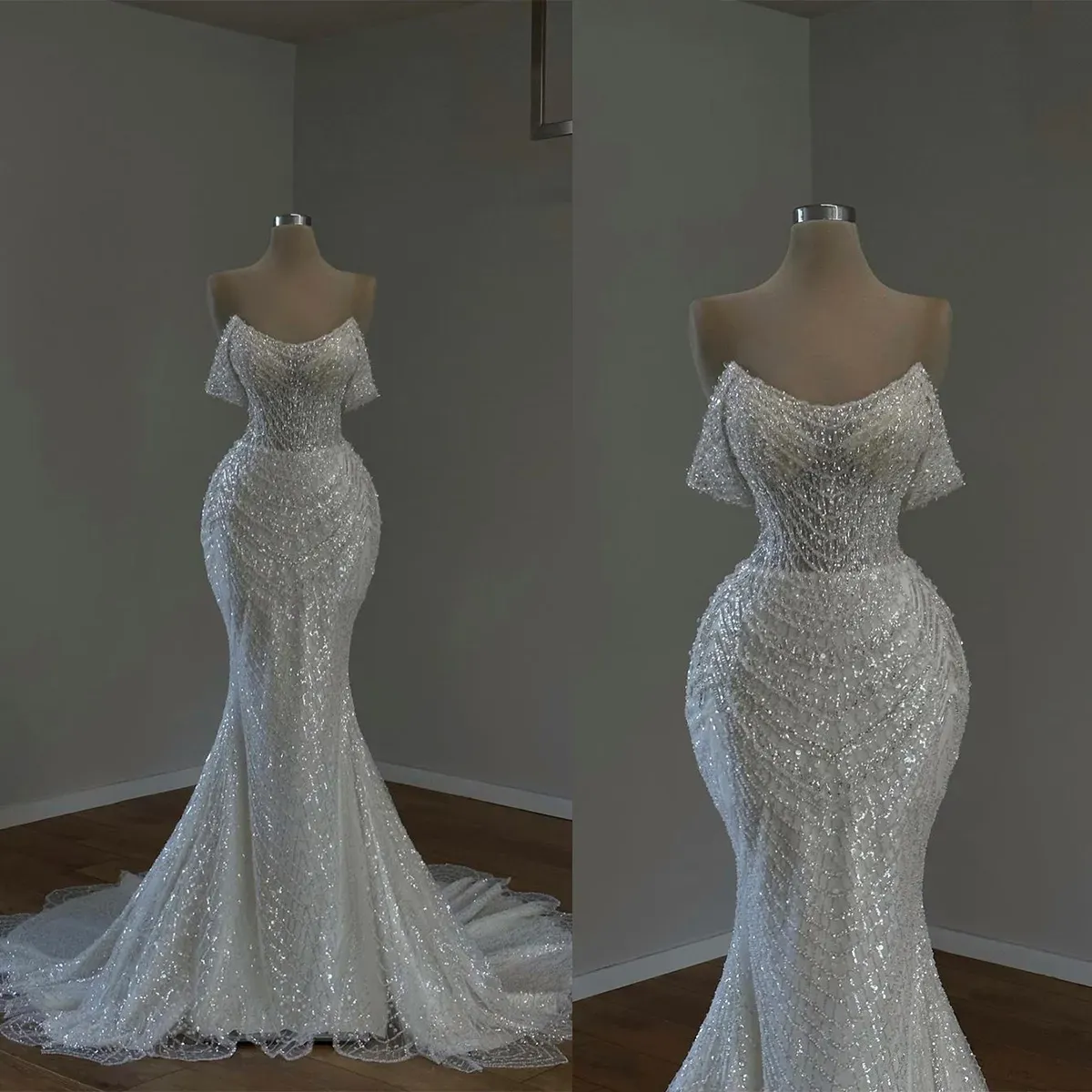 Gorgeous Mermaid Wedding Dresses Sweetheart Sequins Appliques Lace Bridal Gowns Lace-Up Back Sweep Train Robe De Mariee