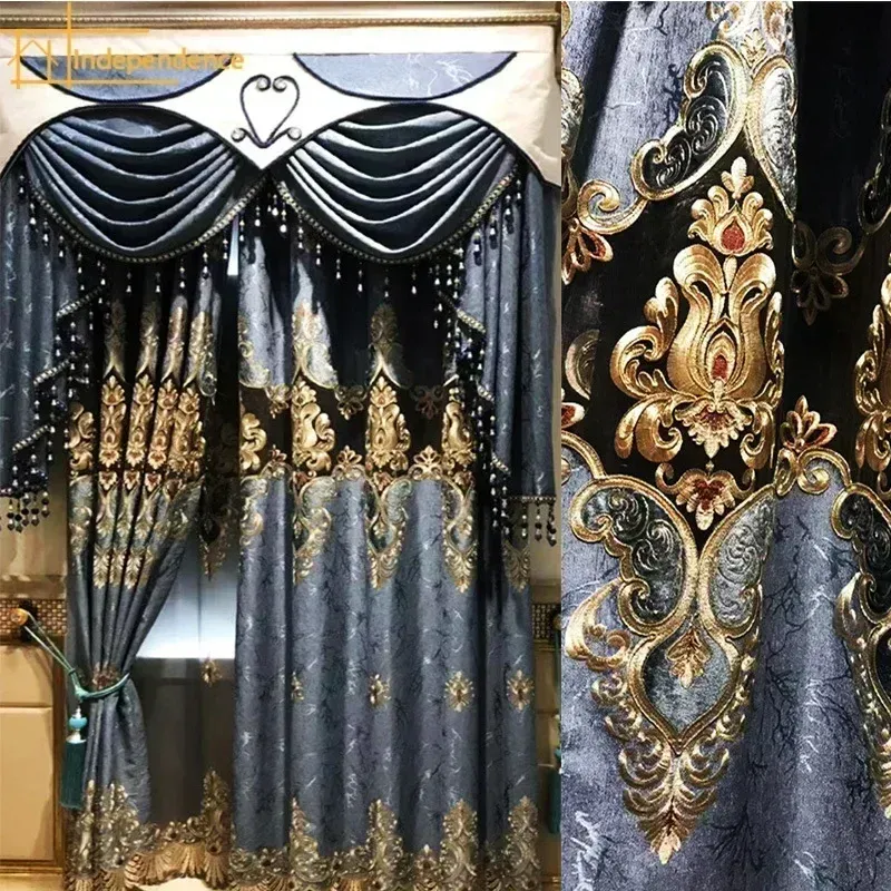 カーテンリビングルームベッドルームのための新しい青のスタンプ刺繍されたジャキュードカーテンカスタマイズされた家の飾りフィニッシュバランス