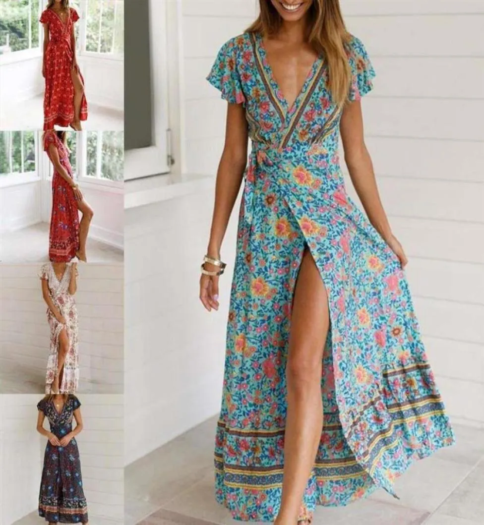 فساتين 2021 مثيرة Vneck Flower Printer Summer Boho Dress Women Clothing Vintage Casual Beach Vacation Long Vestido320R3981353