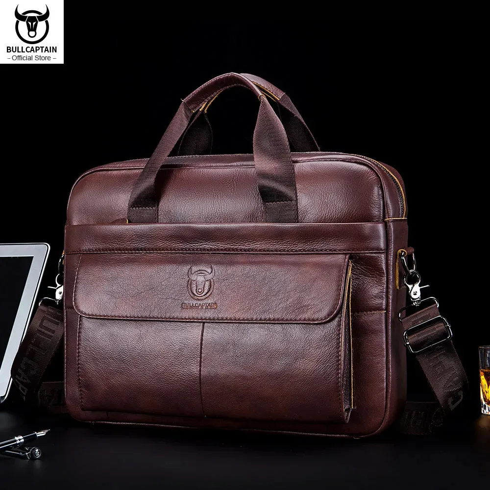 BULLCAPTAIN sac pour hommes en cuir véritable porte-documents pour ordinateur portable 14 messager portefeuille d'affaires Document A4 240313