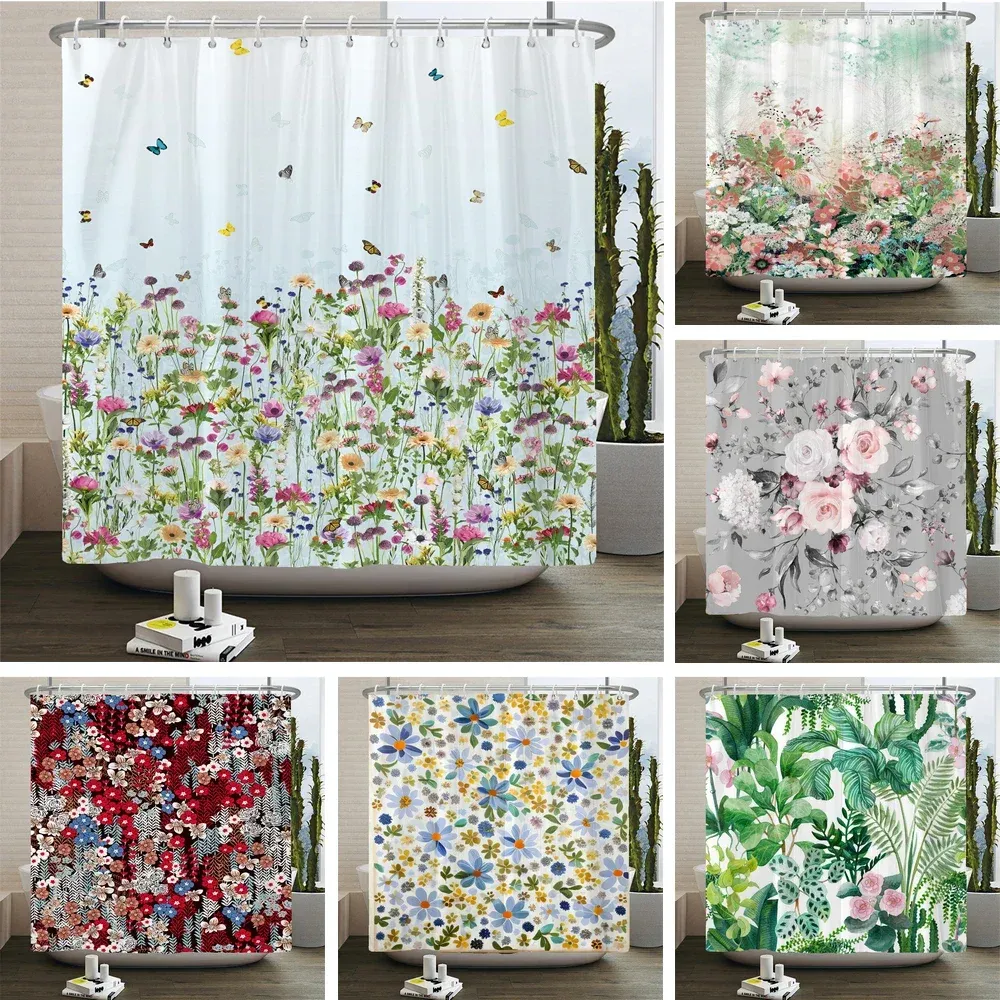 Gordijnen Elegant Bloemen Douchegordijn 180x180cm Bloemen Douchegordijn Polyester Badgordijn Badkamer Decor Machine Wasbaar Met Haken