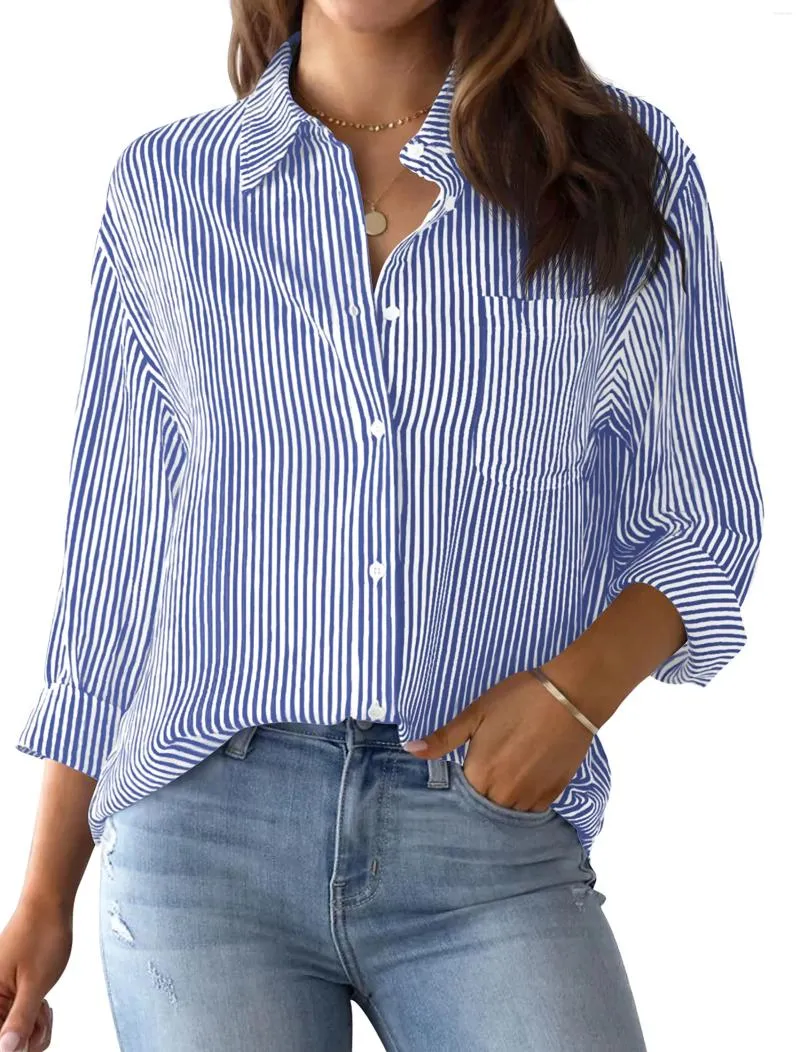 Blusas femininas 2024 camisa blusa listrada clássico botão de impressão manga longa casual sem bolsos diário básico outono inverno topos