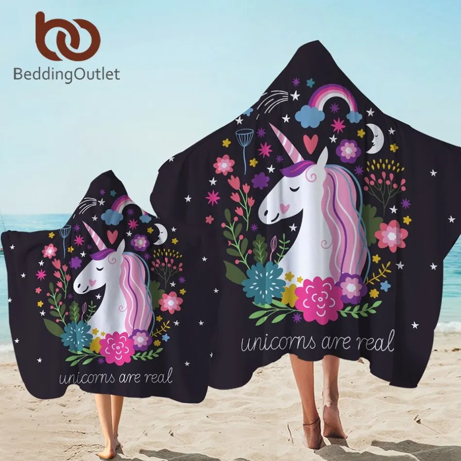 BeddingOutlet Unicorn Hooded Towel Microfiber Bath Towel With Hood for Kids Adult Floral Cartoon Wearable Beach Wrap Blanket T2005336g