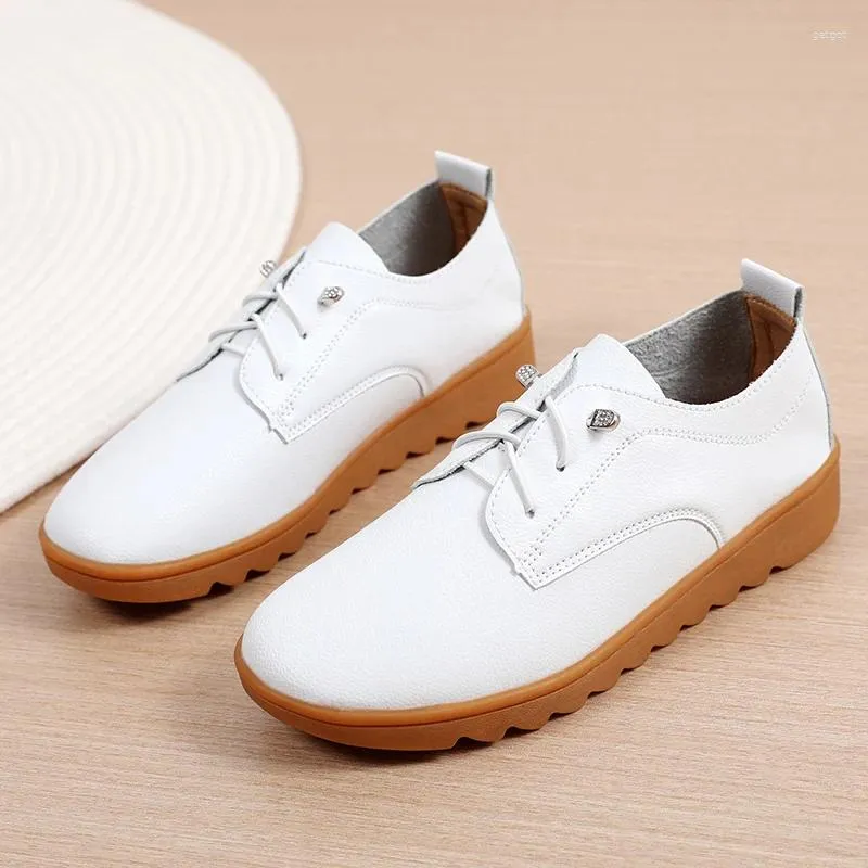 Casual Shoes Large Size Women's Genuine Leather Lacing Soft Comfortable Small White Ladies Flat