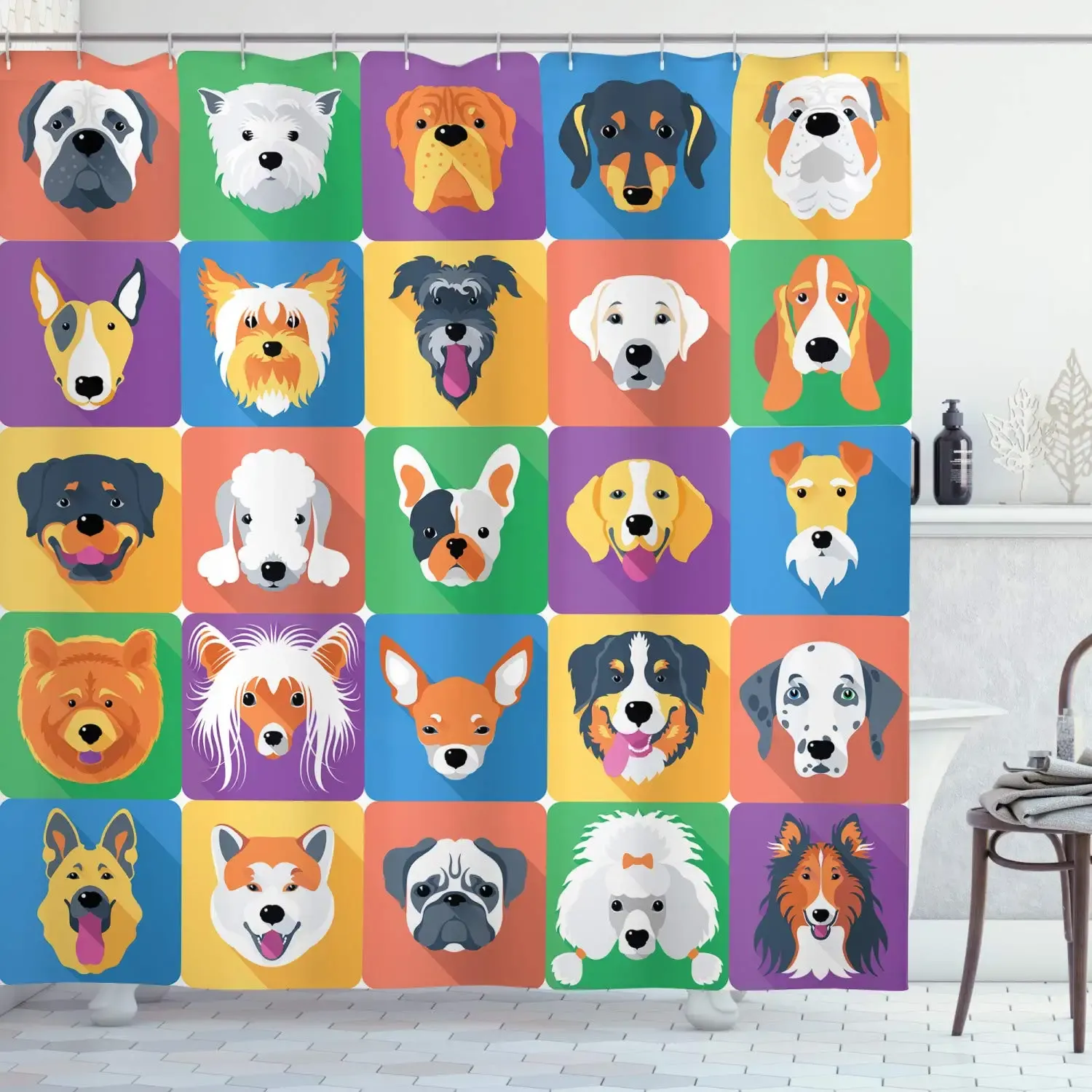 Tende Tenda da doccia 3D, Razze di cani Profili Animali Domestici Pastore Terrier Labrador Animali dei cartoni animati Illustrazione, Tenda da bagno in tessuto di stoffa