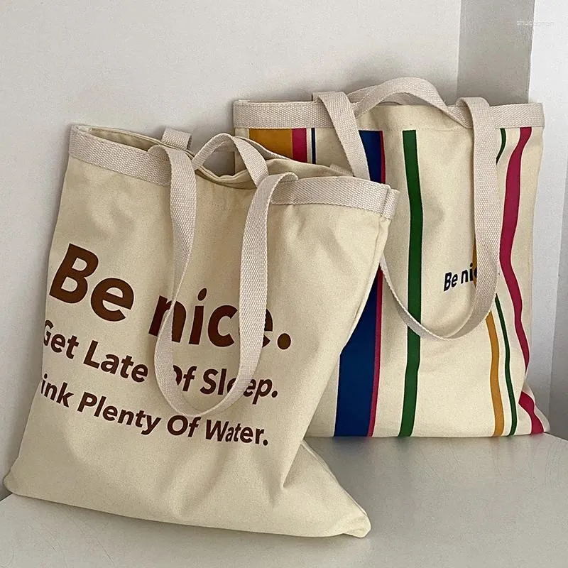 Shopping Bags Women Canvas Bag Stripe Letters Print Eco Cloth Purse Female Students Books Tote Girls Cotton Handbags Shoulder