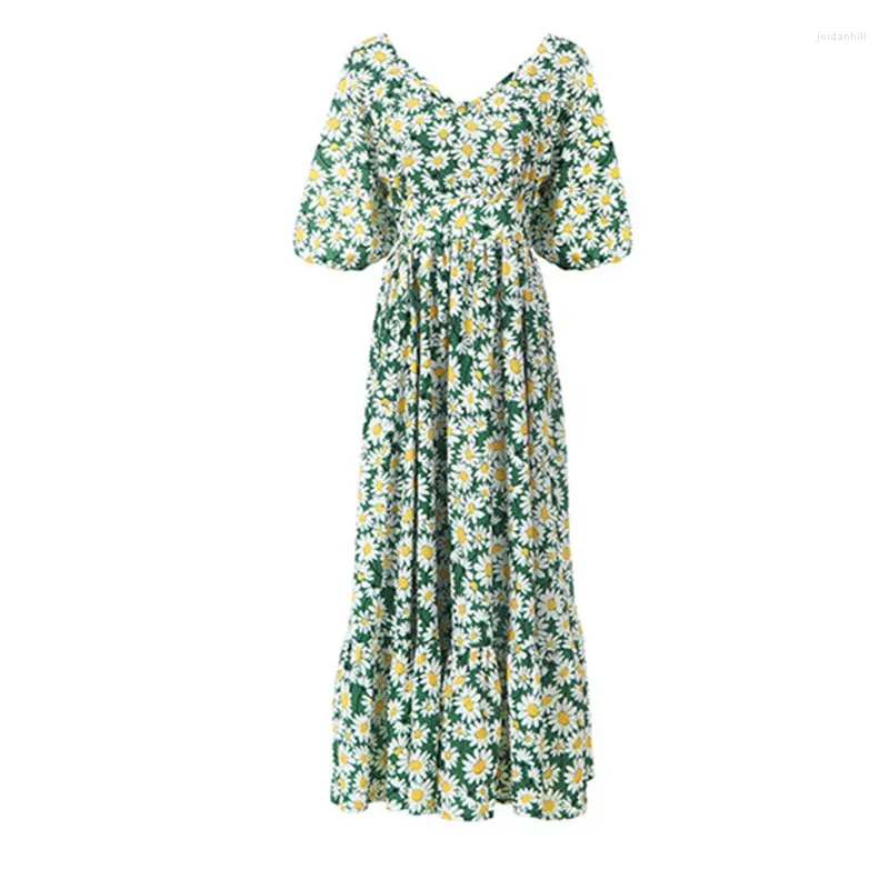 Sukienki imprezowe Daisy Print Green for Women 2024 femme szatę moda v szyja półfuff rękaw