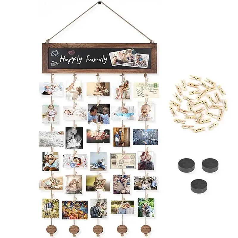 Ram väggfoto display brädor foto hängningar klipp sträng vägg bilder arrangör boho rum dekor kort hållare ram med 30 klipp