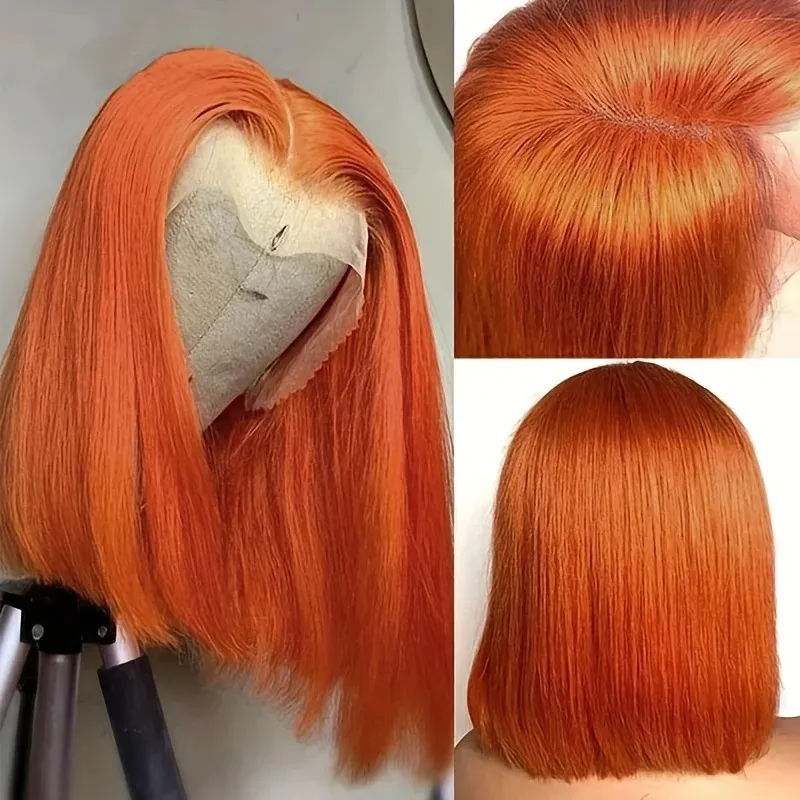 Peluca recta con corte Bob de jengibre y naranja de densidad 180%, pelucas de cabello humano Bob Frontal de encaje 13x4 para mujeres negras, peluca recta Remy brasileña