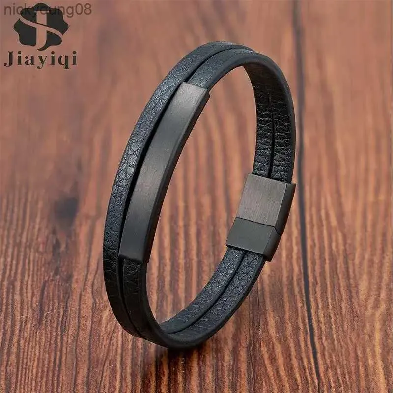 Bangle estilo simples masculino preto pulseira de couro genuíno clássico inserção de aço inoxidável dupla camada trança pulseiras para homem amigo giftl2403