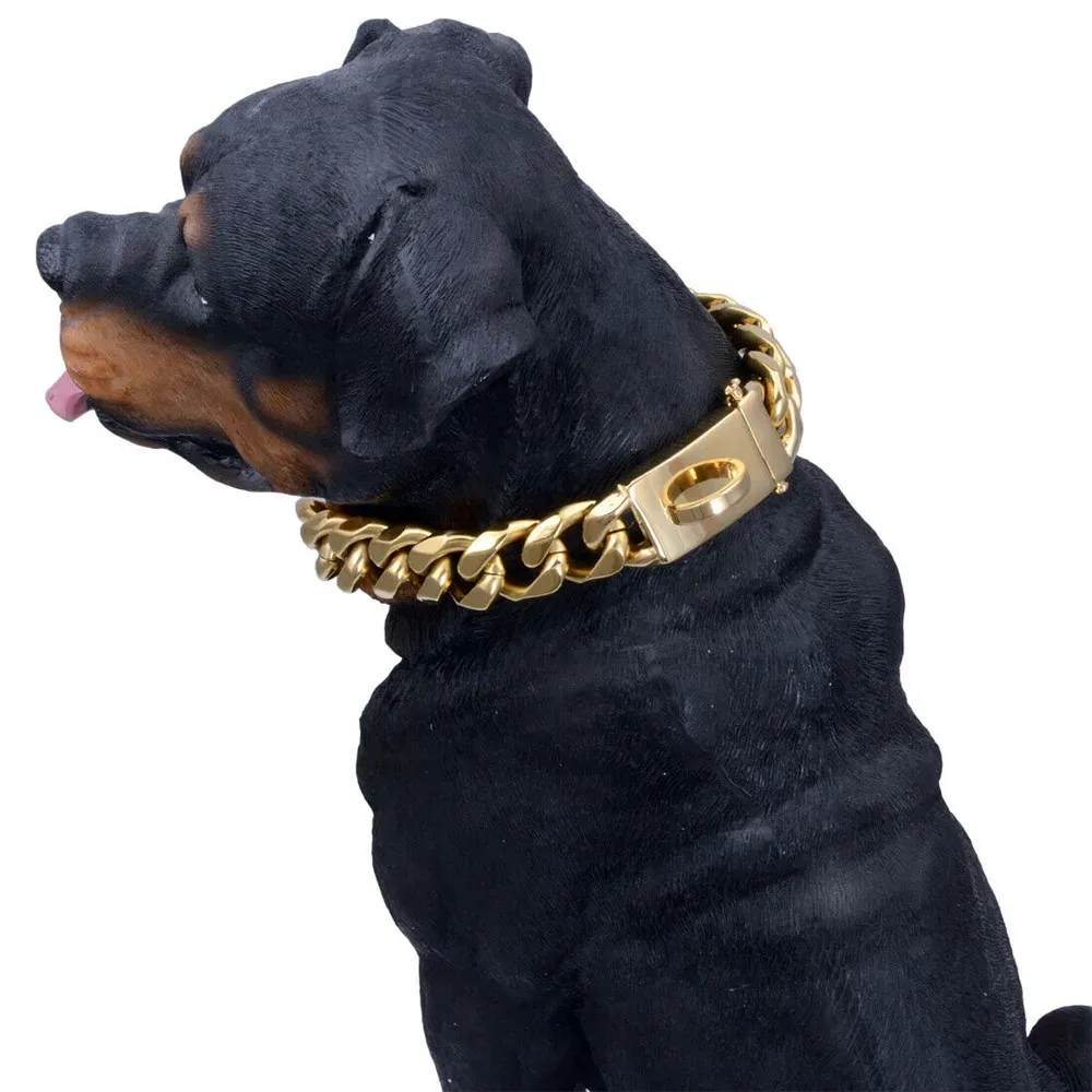 Collars Stainless Steel Bull Dogs Choker Dog Necklace Collar Gold Solid Dog Harness Pet Accessories Cuban Chain for Dogs collar perro