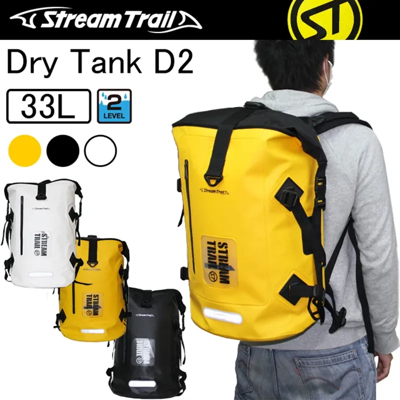 Väskor Stream Trail Waterproof Outdoor DryTank 33L D2 ryggsäck Dry Bag Water Resistant Daypack Heavy Duty Rolltop Stängning Padded Back