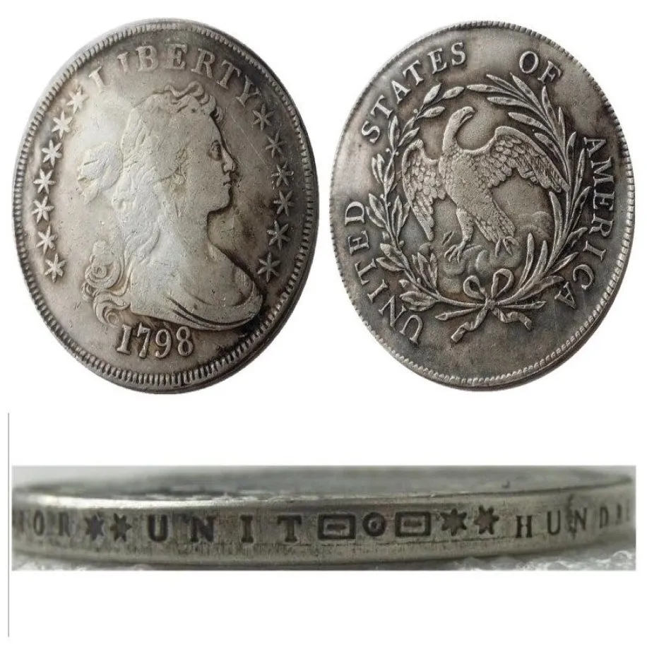 Buste drapé US 1798, petit aigle, pièces de copie plaquées argent, matrices artisanales en métal, usine de fabrication 214G