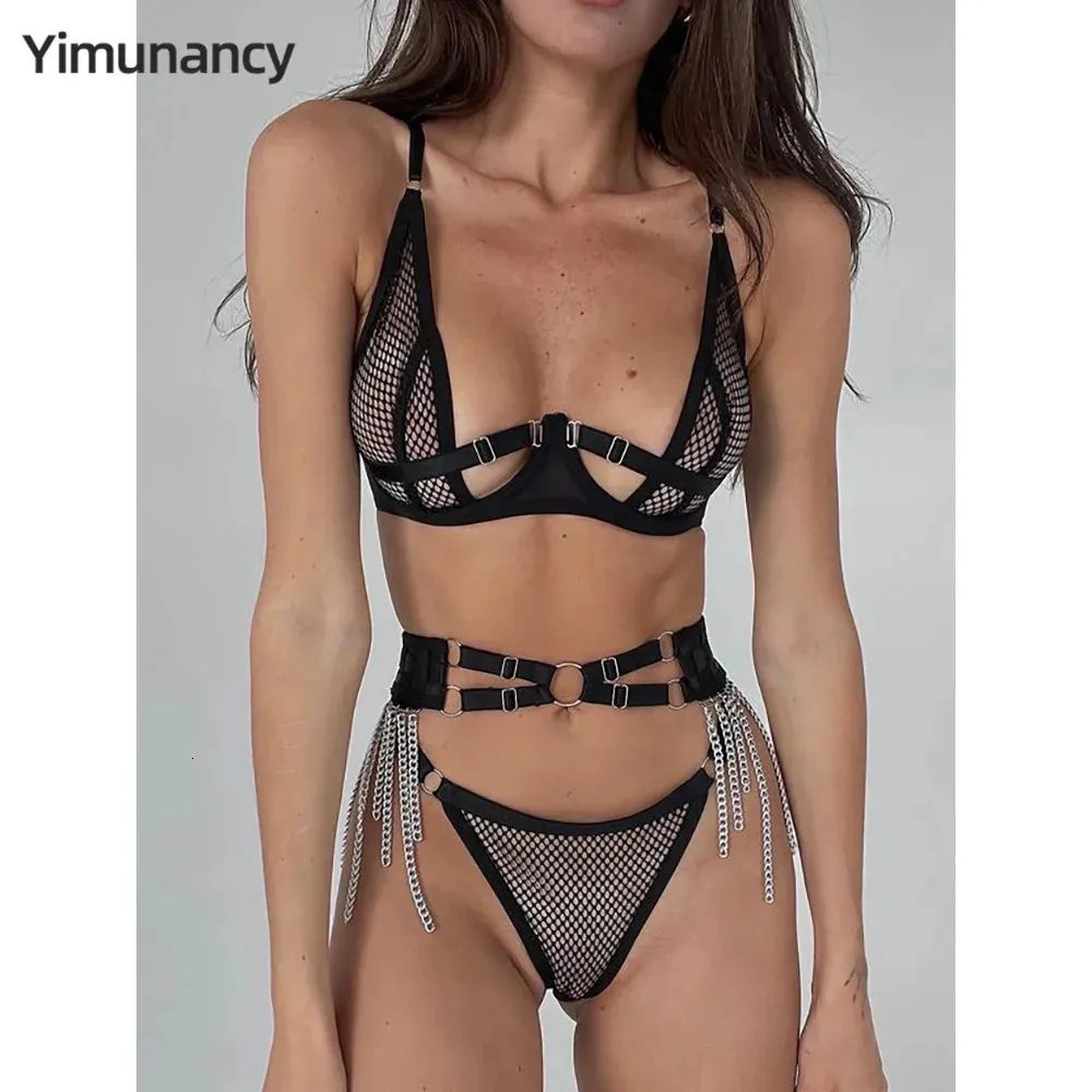 Yimunancy maille ensemble érotique femmes gothique noir découpé chaîne décoré brève Lingerie 240305