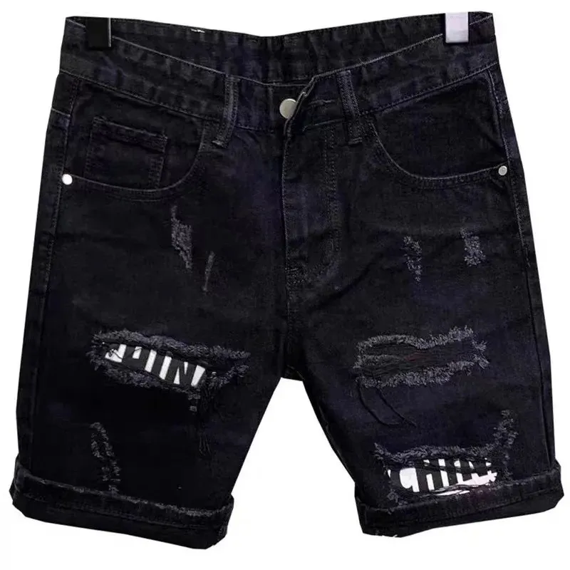 Mens Hole Patch Korean Slim Jeans Short Pants Shorts Feet Black Denim Jeans for Men Cowboy Teenager Designer Pants 240227
