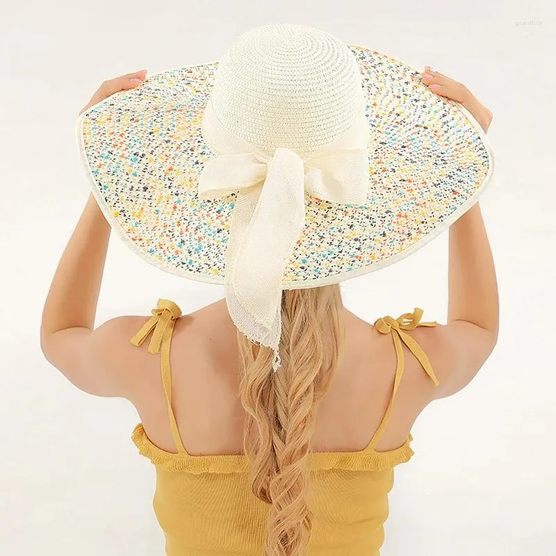 Wide Brim Hats Women Outdoor Straw Hat Ribbon Bow Foldable Colorful Dotted Sun Protection Beach Summer Stylish Elegant