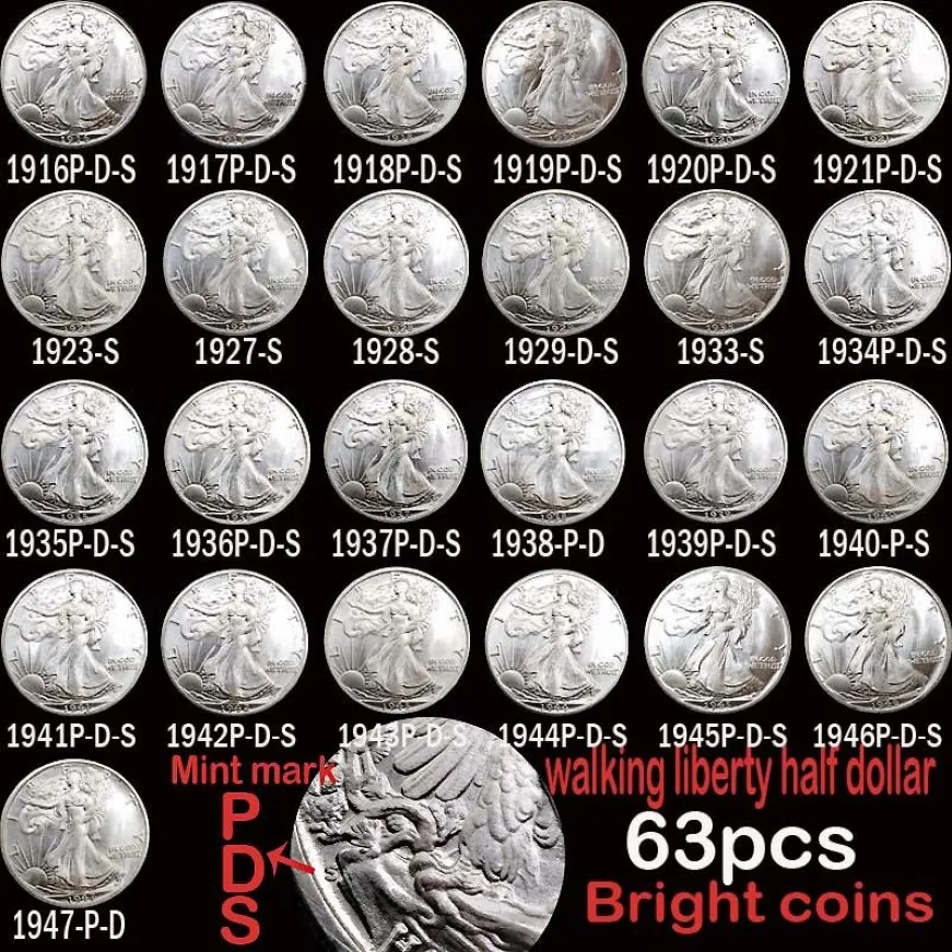 63 Stück USA Komplettset Walking Liberty Münzen Helles Silber Versilberte Kupferkopie Münze321k