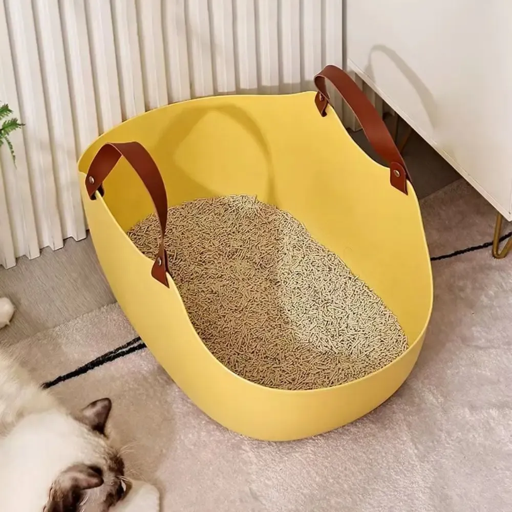 Housebreaking Large Capacity Portable Open Cat Litter Box with Handle Labor Saving Cat Litter Pan with Cat Litter Shovel Yellow/Grey