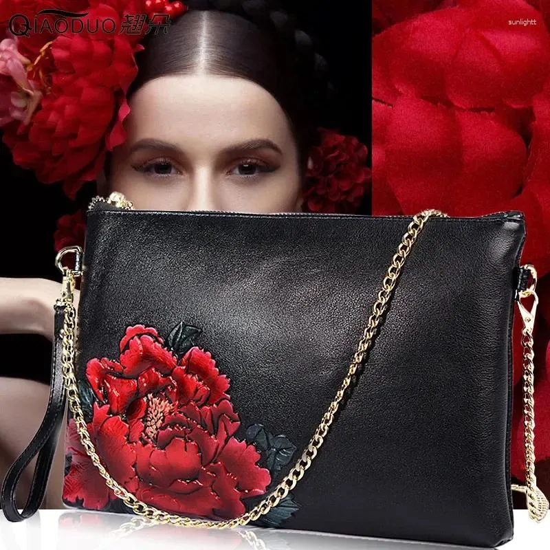 Evening Bags Women Fashion Leather Embossing Painted Rose Clutch Bag Envelope Shoulder Crossbody With Wristband Office Daily