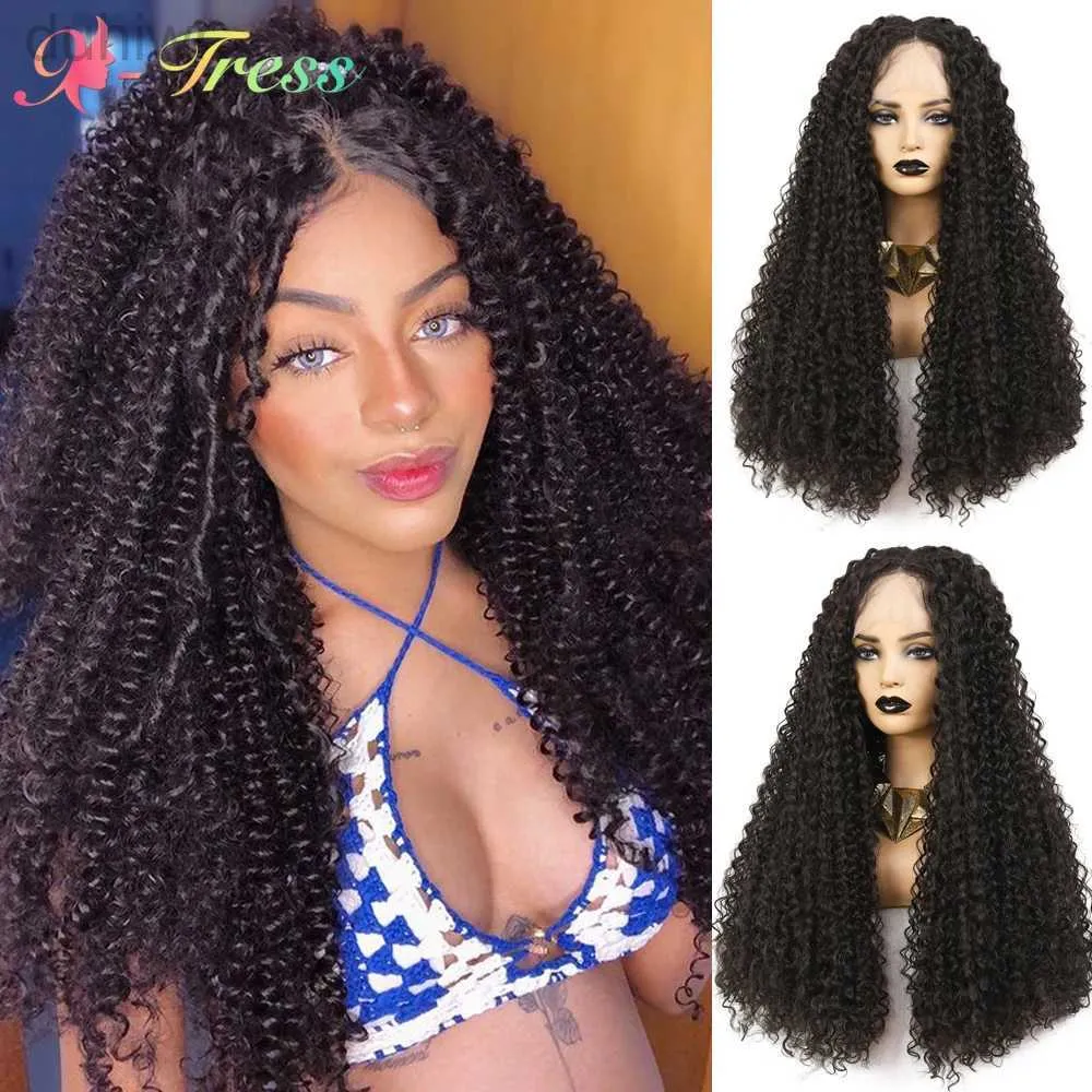 Synthetic Wigs X-TRESS Lace Front Wig Synthetic Kinky Curly Wigs With Hair 26 Inch Dark Brown T Part Transparent Lace Wig for Black Women ldd240313