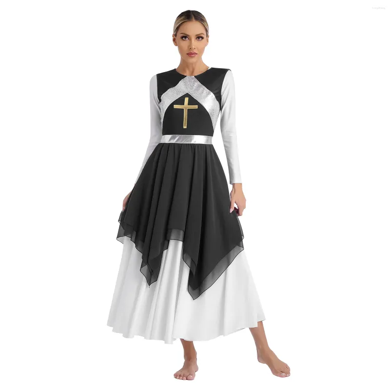 Stage Wear Womens Liturgical Praise Ballet Lyrical Dance Performance Costume Metallic Shiny Irregular Dress Gymnastics Dancewear