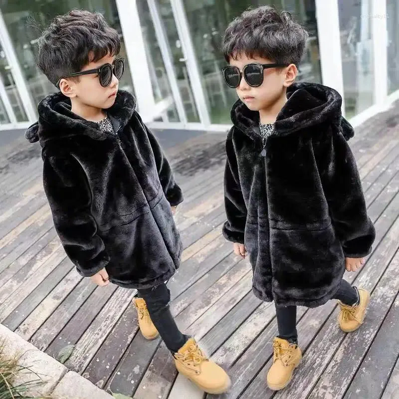 Daunenmantel Winter Childent Loose Cute Bear Lange schwarze dicke warme Kapuzenjacke Baumwolle Jungen Mädchen Casual Kunstpelz Outwear